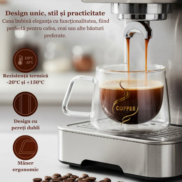 Set 6 cesti cafea cu pereti dubli sticla termorezistenta 200 ml Mesaj COFFEE CADOUL PERFECT Malooki terasa piscina