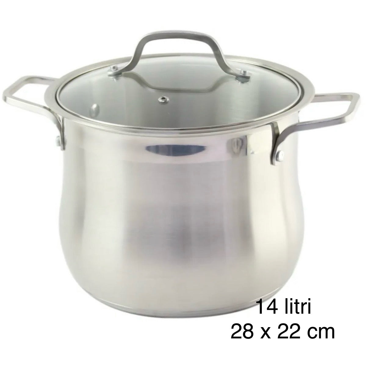 Oala inox, fund triplu, capac din sticla, Swan-Belly, cantitate oala 14 litri, 28 x 22 cm