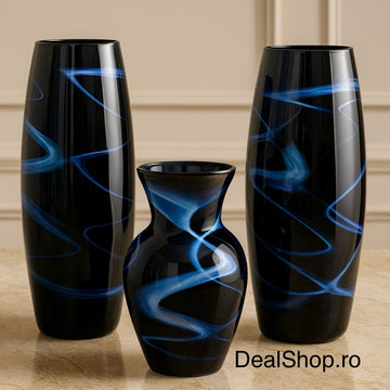 Set 3 vaze decorative din sticlă – Model Negru cu Accente Albastre, Design Modern pentru Flori și Decor Interior