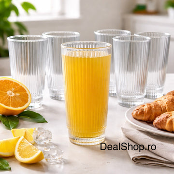 Set 6 pahare sticlă Lorita 240 ml model striat sticlă groasa transparentă pahare highball pentru apă, suc, cocktail