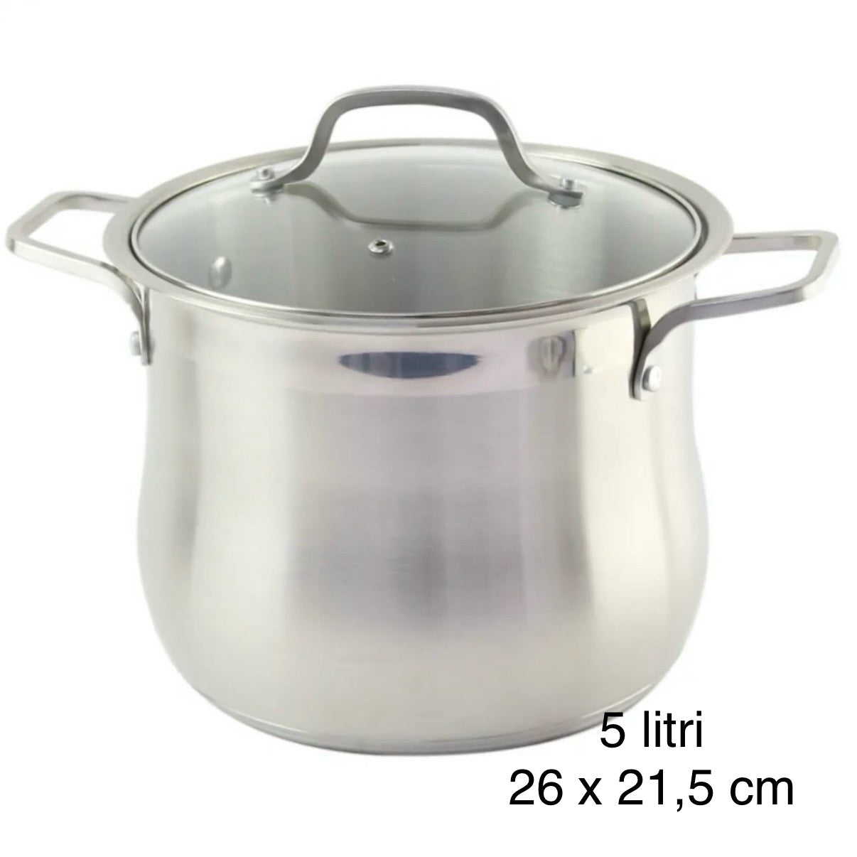 Oala inox, fund triplu, capac din sticlă , Swan-Belly, cantitate oala 5 litri ,26 x 21,5 cm