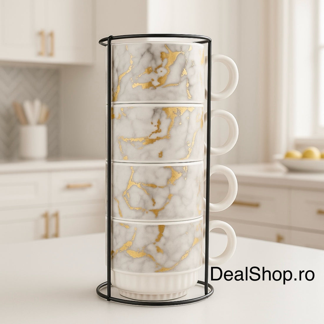 Set 4 cești cafea din ceramică 250 ml cu suport metalic design elegant marmorat cu auriu și gri