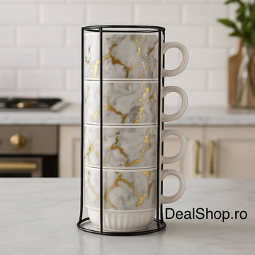 Set 4 cești cafea din ceramică 250 ml cu suport metalic design elegant marmorat cu auriu și gri