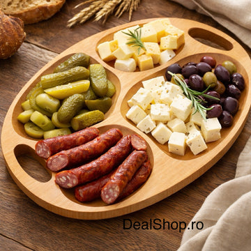 Platou servire din lemn compartimentat 4 secțiuni cu mânere 42x29 cm tavă aperitive brânzeturi mezeluri gustări