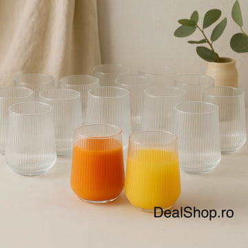 Set 12 Pahare Sticla Transparentă cu Striații 250 ml – Design Modern și Elegant
