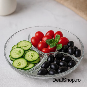 Platou aperitiv, sticla rezistenta, rotund compartimentat, 22 cm
