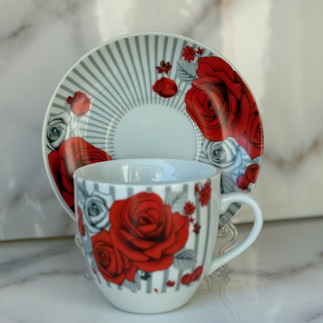 Set 6 cești cu 6 farfurii din porțelan, 120 ml – model floral cu trandafiri