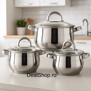 Set Oale Inox 6 Piese cu Capace – 2.8L, 3.8L, 6.5L, Fund Capsule 3 Straturi
