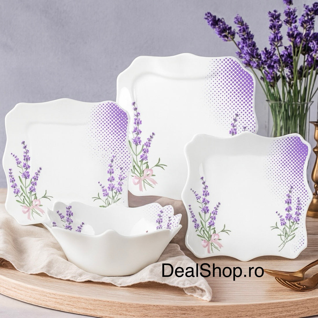 Serviciu de masă opal termorezistent Lacy Lavender, 19 Piese, Farfurii Pătrate pentru 6 Persoane