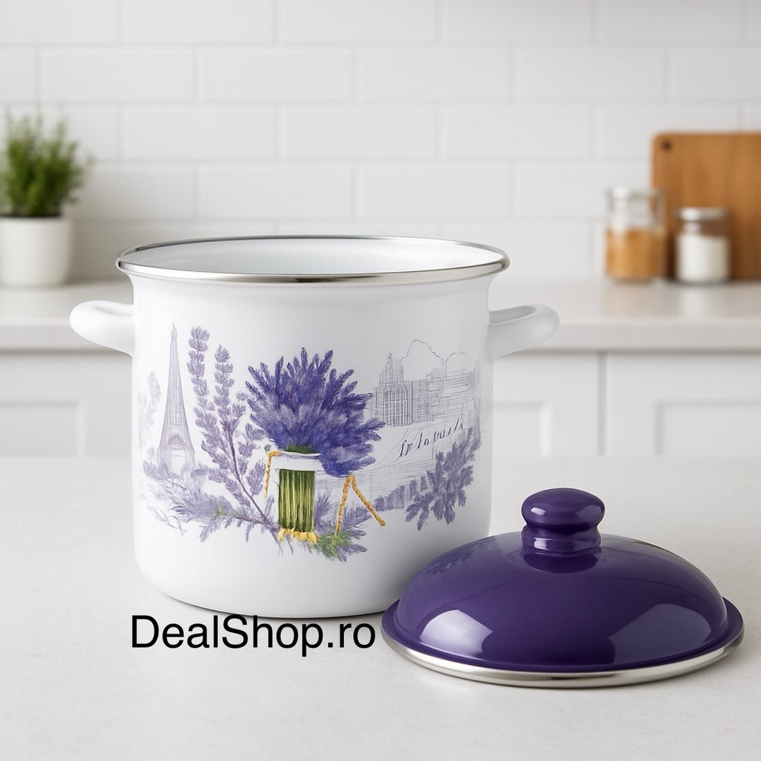 Oală emailată cu capac model Lavender, 24 cm, 8,2 litri rezistenta și eleganta pentru gătit