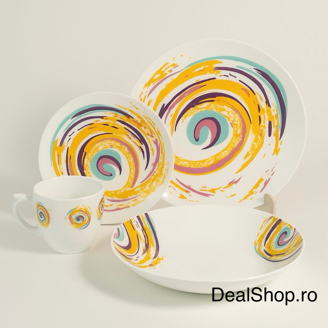Serviciu de masa opal Spiral, 24 piese farfurii și cesti cu design modern colorat