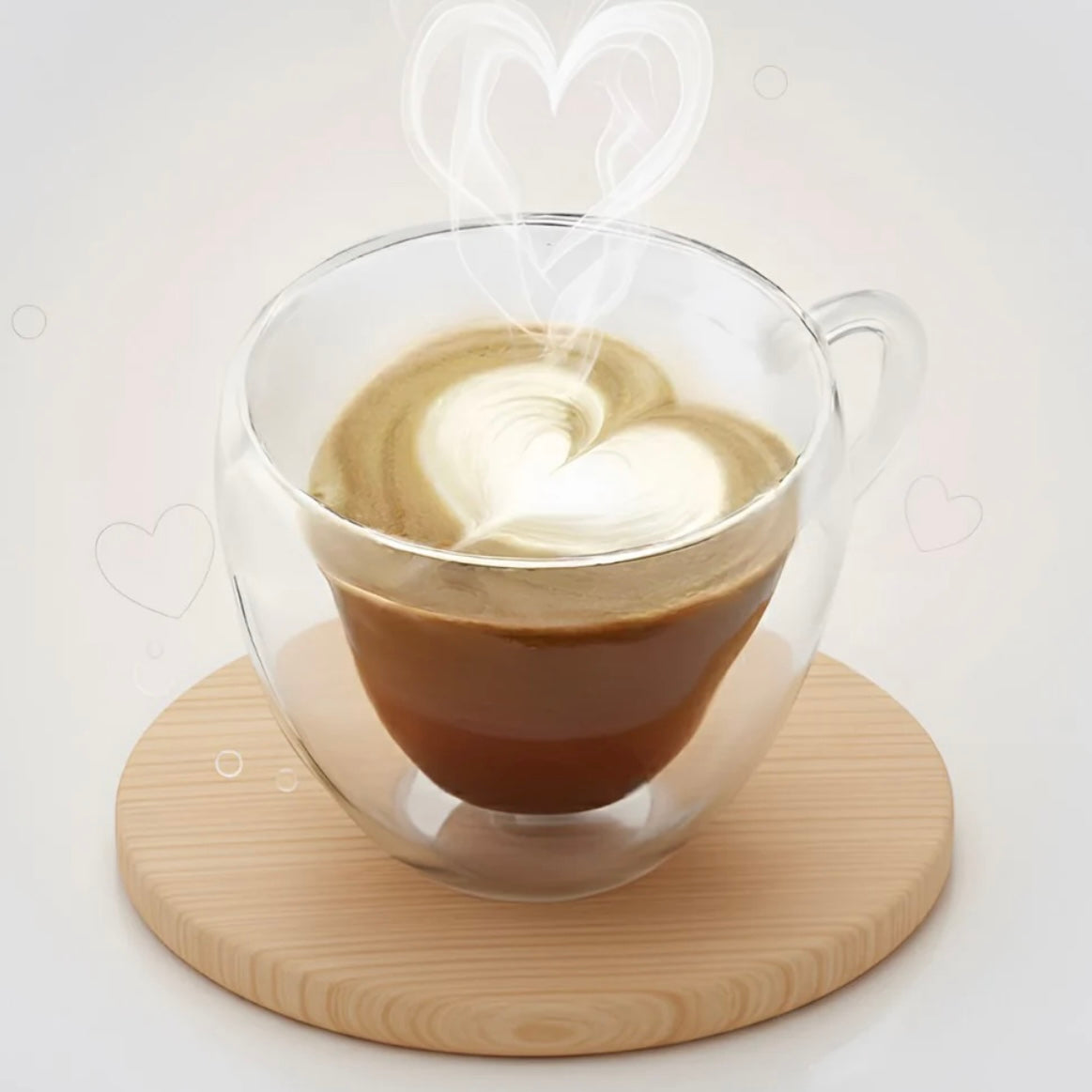 Set 6 cesti cafea Pereti Dubli Sticla Termorezistenta Model Inima, 180 ml Caffe Latte & Latte Macchiato