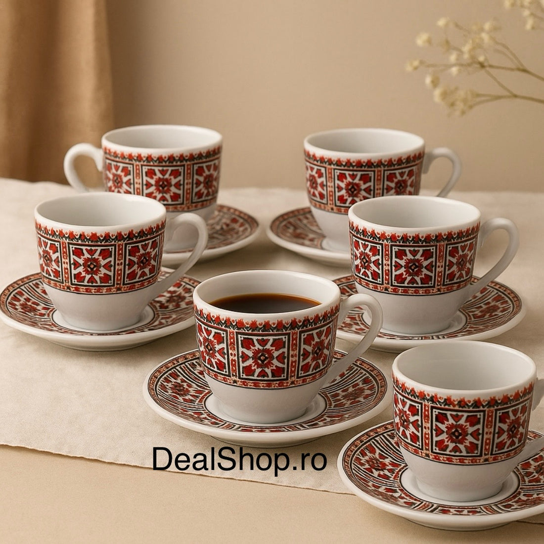 Cești de cafea ceai Tradiționale 120 ml portelan set 12 piese 6 canite+6 farfurioare