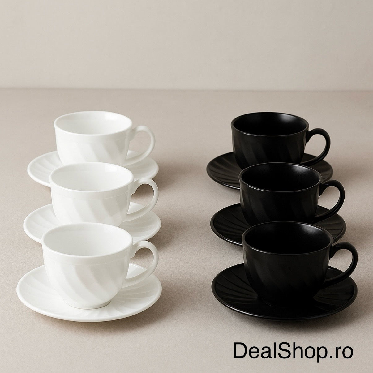 Set 6 Cești Cafea Opal 190 ml cu Farfurioare – Model Ondulat Alb & Negru
