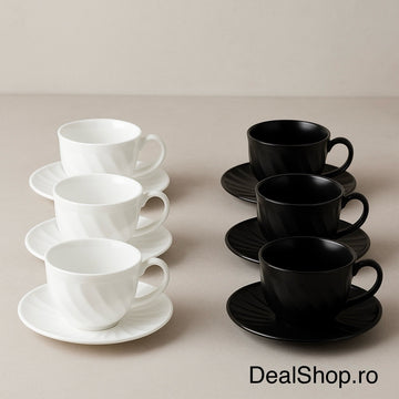 Set 6 Cești Cafea Opal 190 ml cu Farfurioare – Model Ondulat Alb & Negru