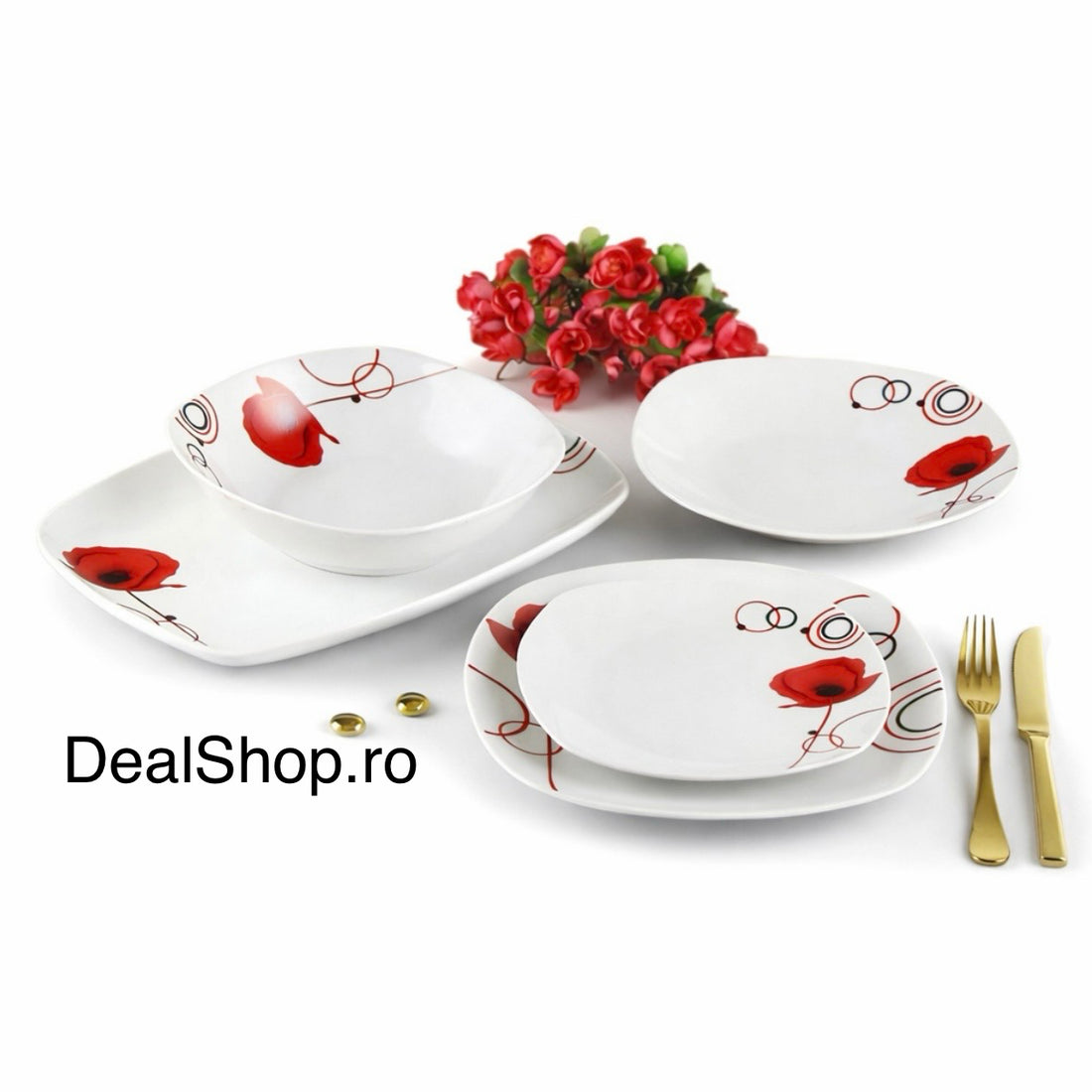 Serviciu de Masă Porțelan Elegant Line Floral, 20 Piese pentru 6 Persoane, Farfurii Pătrate cu flori roșii TL173-1