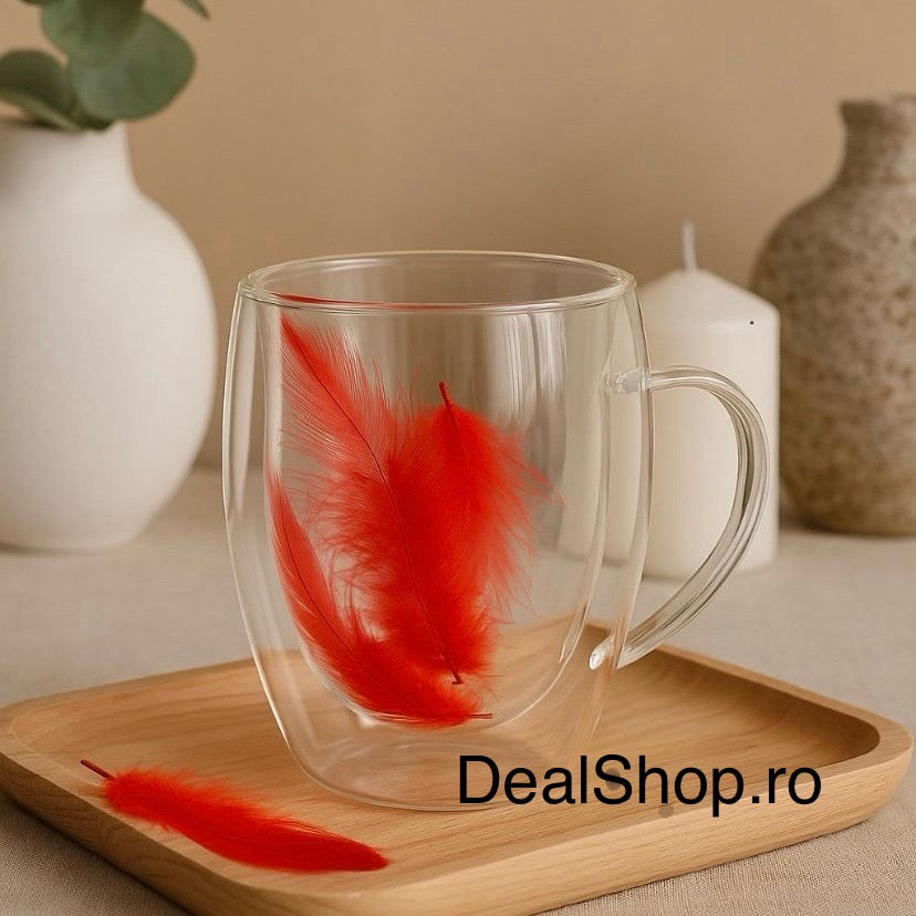 Set 4 Cești din Sticlă Dublu-Perete cu Model Pene Roșii 350 ml