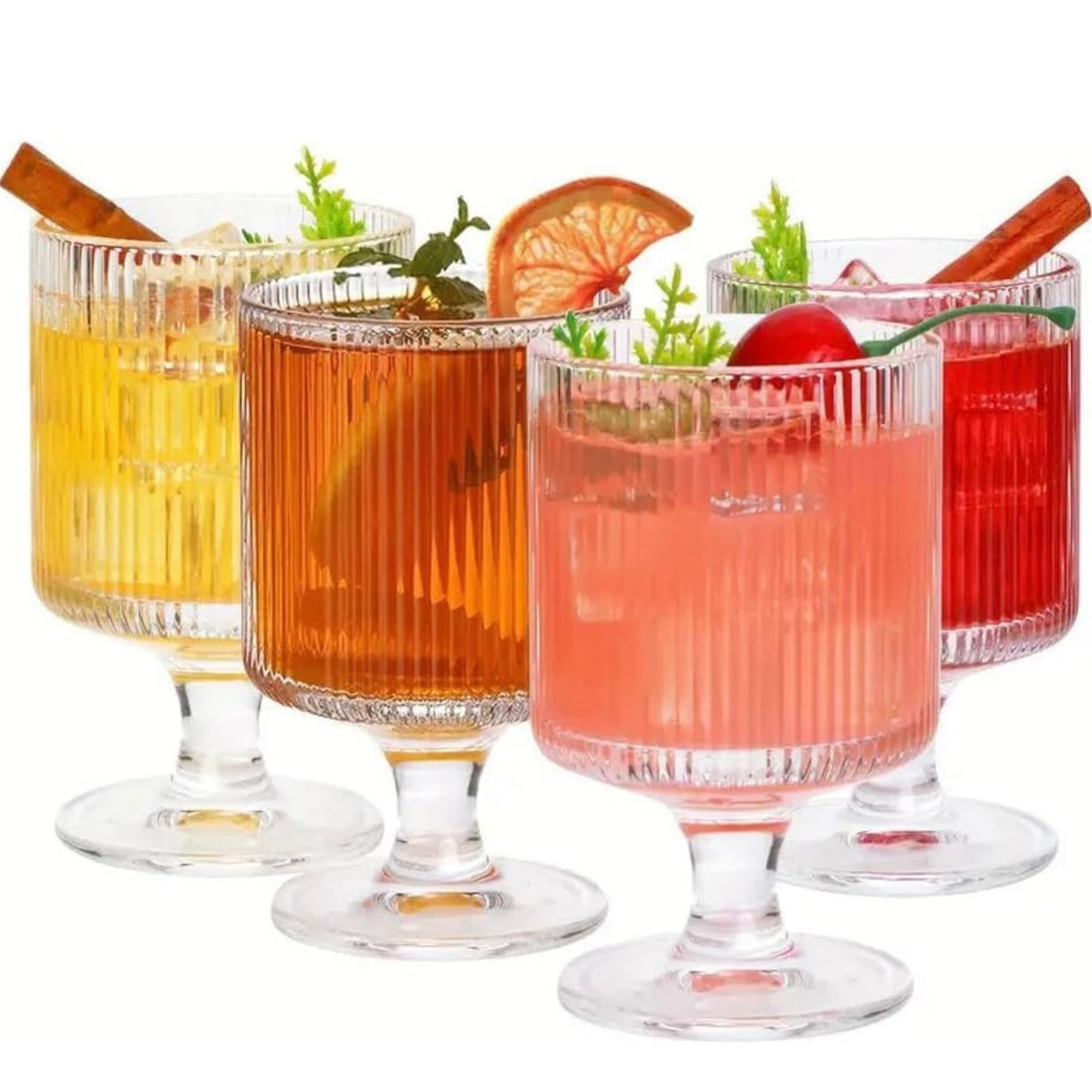 Set 6 Pahare Julia pe Picior din Sticlă Transparentă 230 ml– Design Striat Elegant pt Suc Apa Cocktail