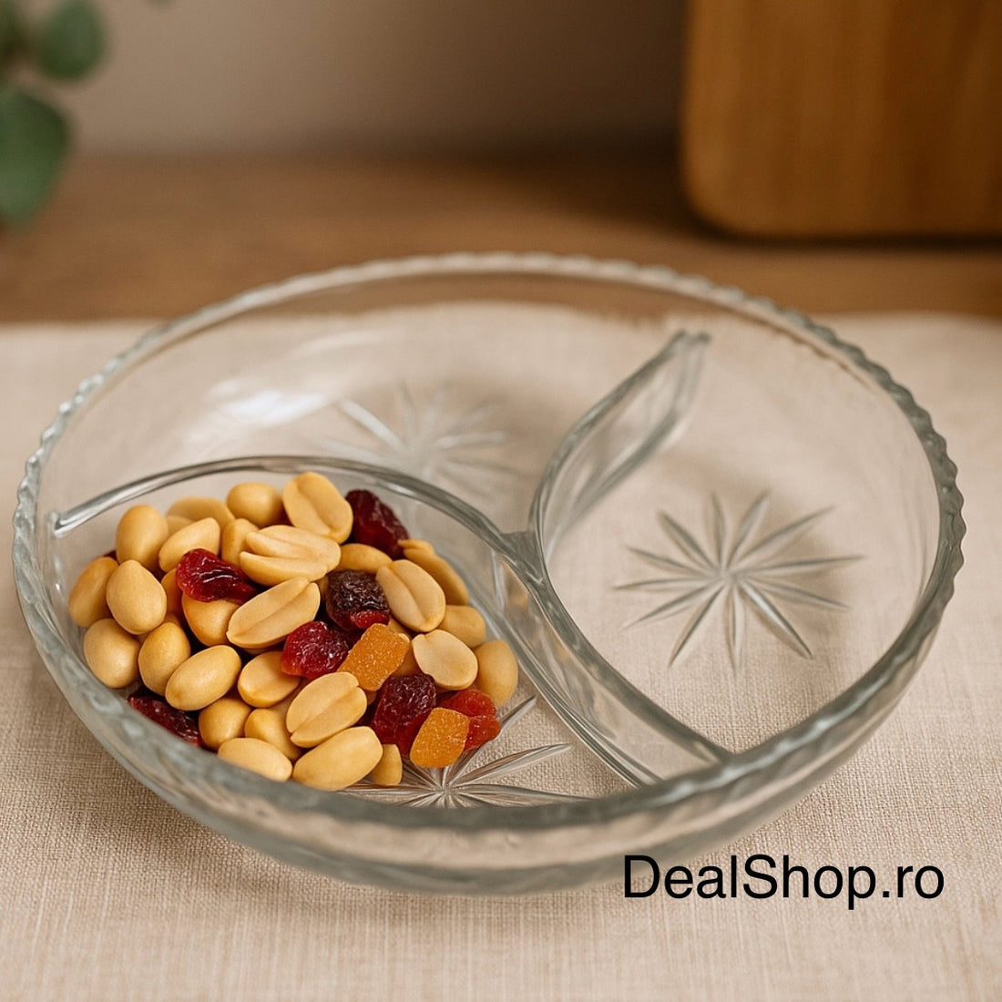 Platou aperitiv, sticla rezistenta, rotund compartimentat, 22 cm