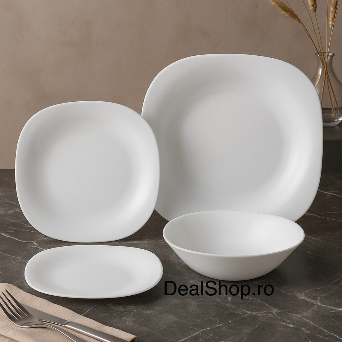 Serviciu de masă alb simplu din opal 19 piese  rezistent elegant și termorezistent Atlas