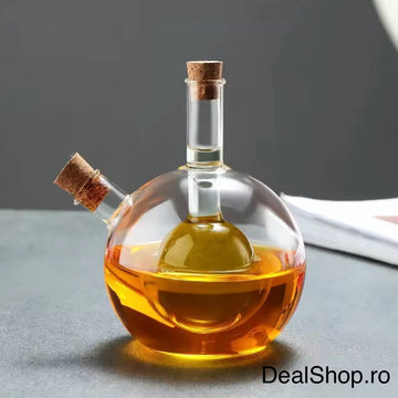 Olivieră dublă din sticlă transparentă cu dop de plută, recipient 2 în 1 pentru ulei și oțet