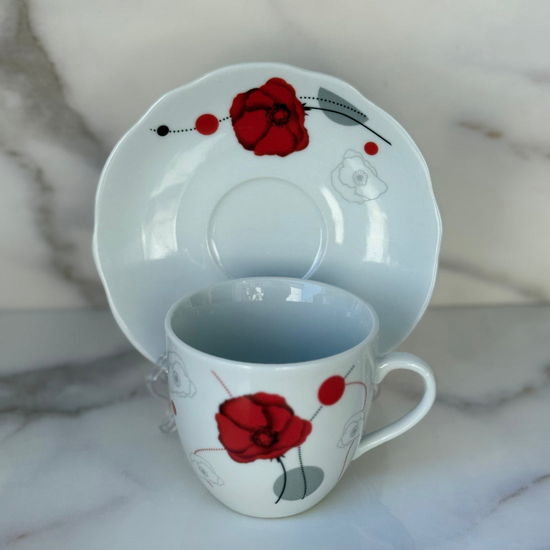Set 6 cești cu 6 farfurii din porțelan, 120 ml – model floral Mac