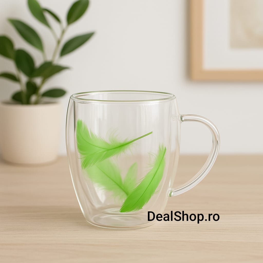 Set 6 Cești din sticlă cu pereți dubli ,350 ml model cu pene verzi