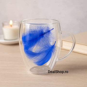 Set 4 Cești din Sticlă cu Perete Dublu și Pene Albastre 350 ml Eleganță cu Personalitate