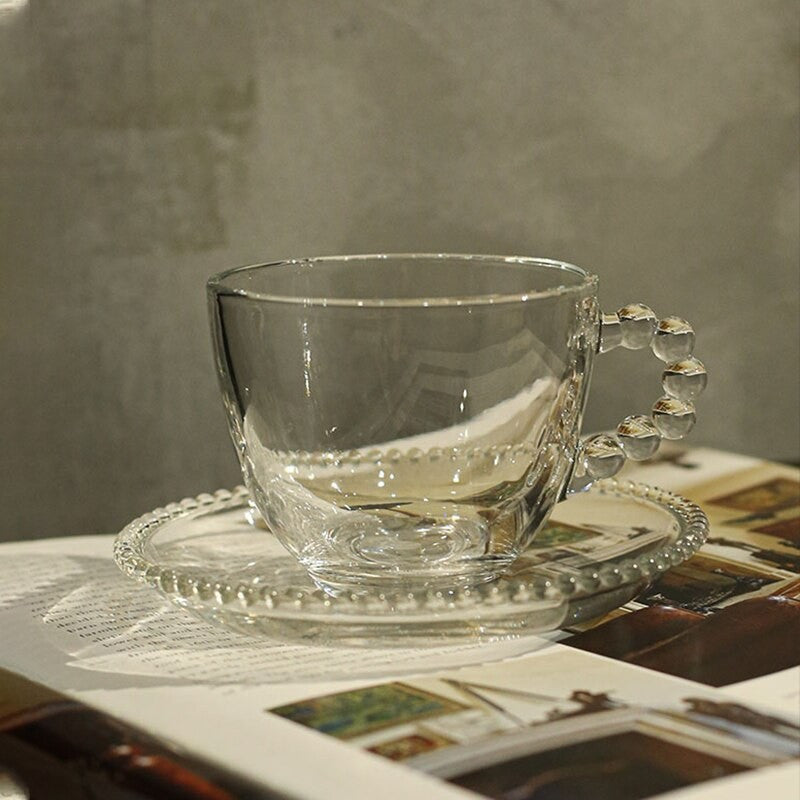 Set 6 cești 200 ml+6 farfurii sticlă,design margini perlate Mansoura