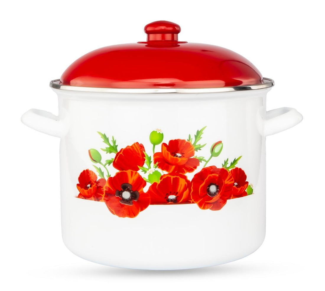 Oală emailată cu capac roșu și model maci, 24 cm, 8,2 litri rezistenta și eleganta pentru gătit