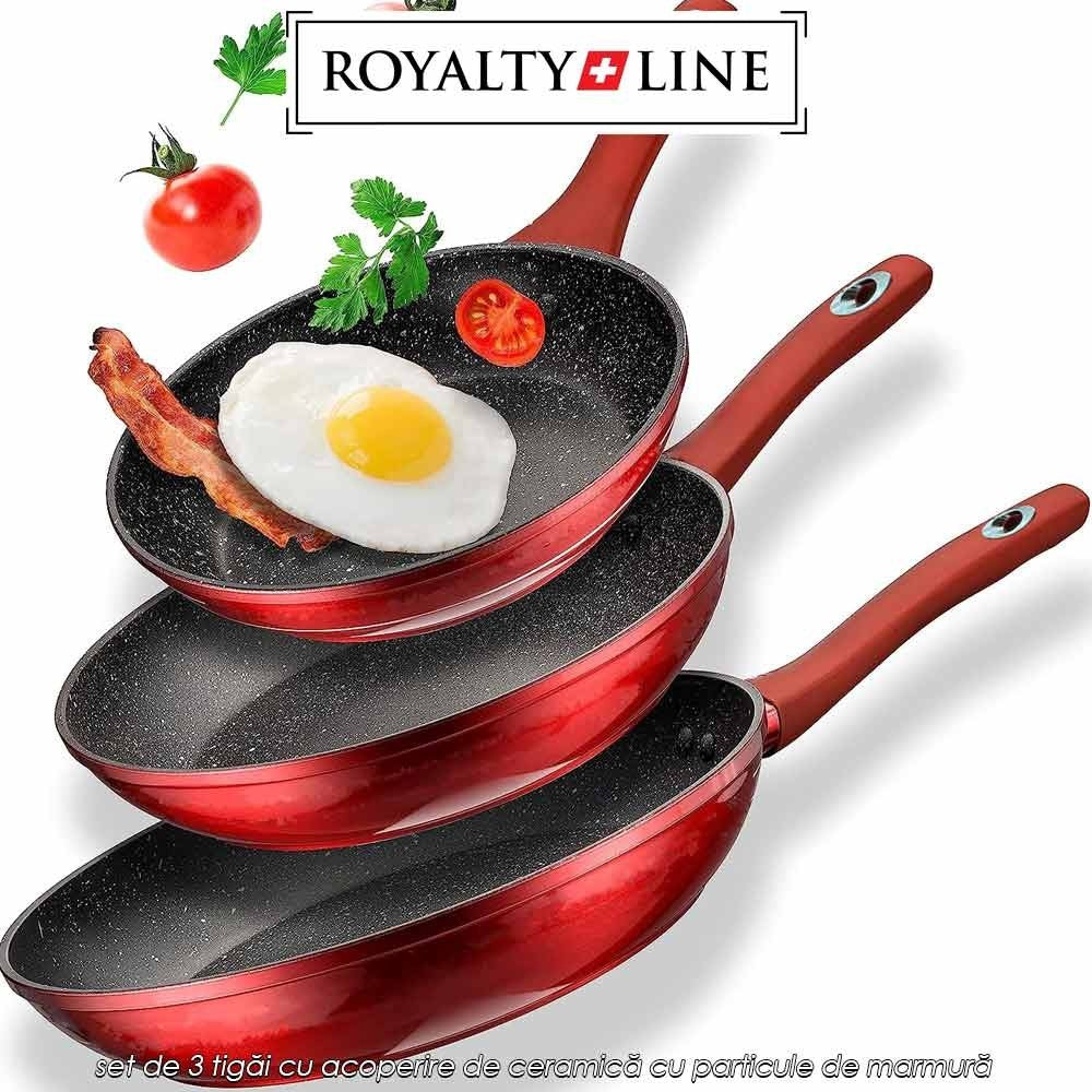 Set 3 Tigăi cu Înveliș din Marmură Royalty Line Red– Diametru 20 cm, 24 cm și 28 cm Antiaderente pentru Gatit Sănatos și Uniform