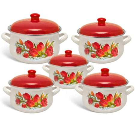 Set 5 oale emailate cu capac Arian, cantitate 2 l, 2,8 l, 3,8 l, 4,8 l, 6,2 l, model lalele