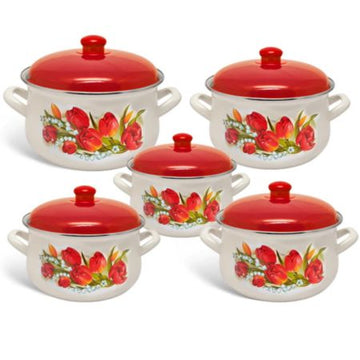 Set 5 oale emailate cu capac Arian, cantitate 2 l, 2,8 l, 3,8 l, 4,8 l, 6,2 l, model lalele