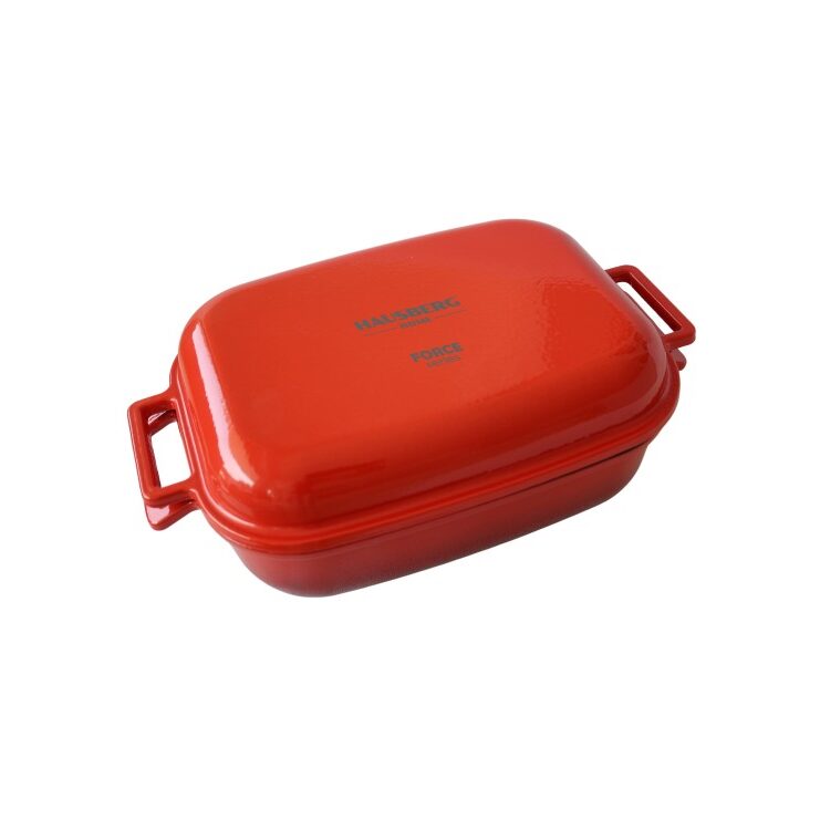Oala din fonta emailata cu capac dublu Hausberg HB-H758 capacitate 4 litri diametru 25x33 cm adancime 10 cm interior antiaderent Rosu