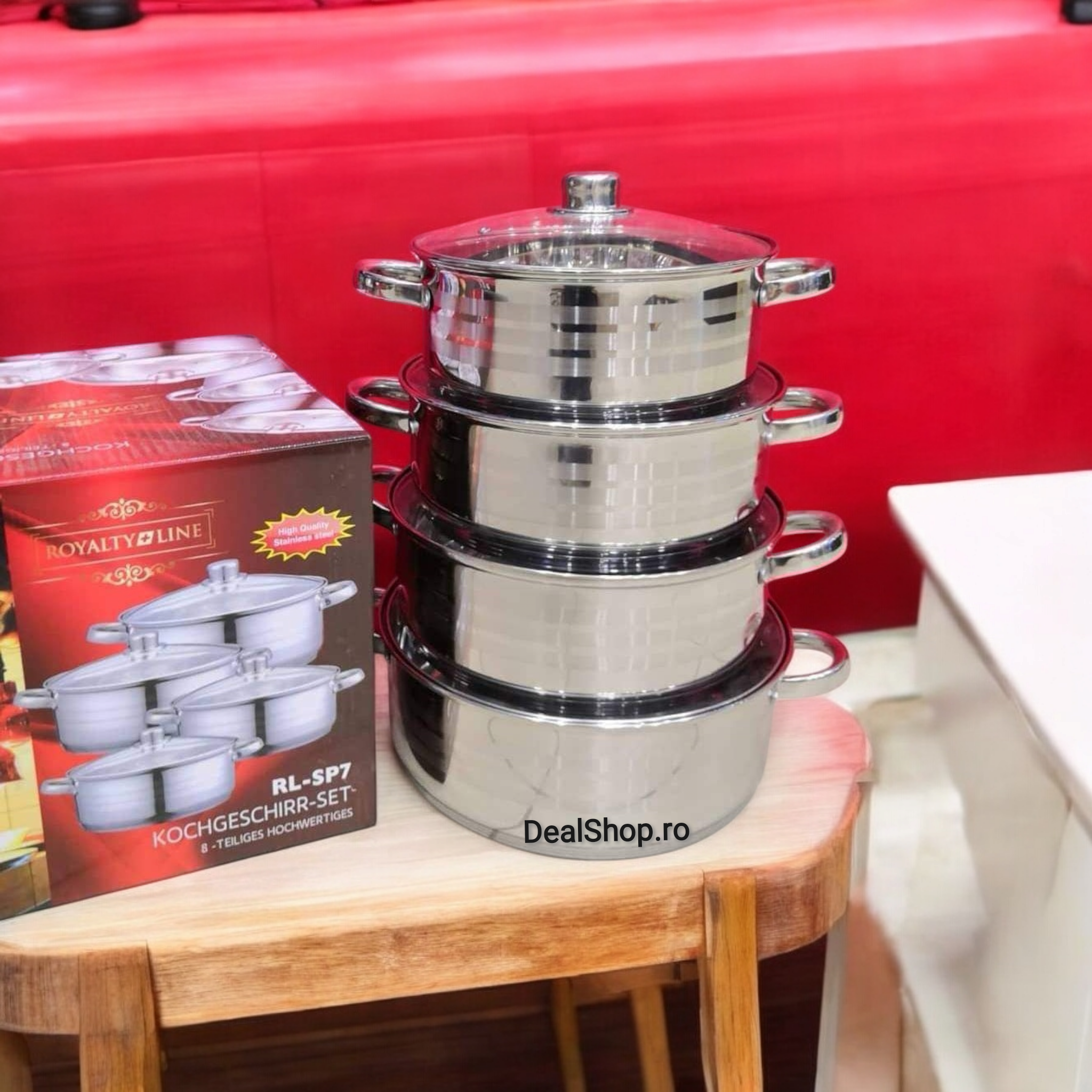 Set 4 cratite din inox cu capace, 4,5L, 5,8L, 7,3L, 9,1L,Royalty Line, RL-SP7