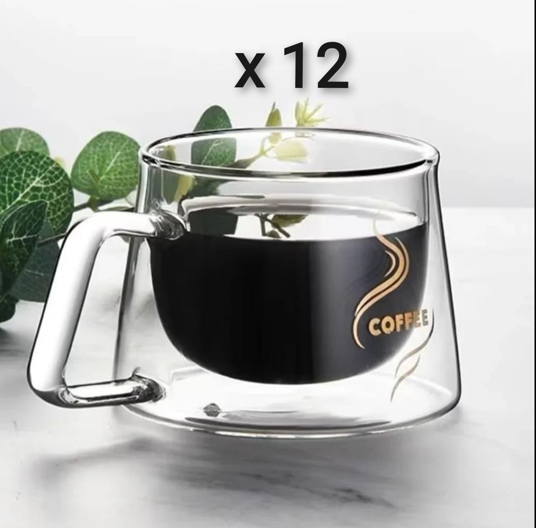 Set 12 cesti de cafea cu pereti dubli sticla termorezistenta 200 ml mesaj COFFEE  Eleganță și Funcționalitate pentru Iubitorii de Cafea