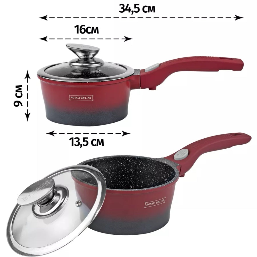 Cratita 1.2 litri sos cu invelis de marmura capac sticla 16×7.8 cm 1,2 l Royalty line, Rosu cu Negru