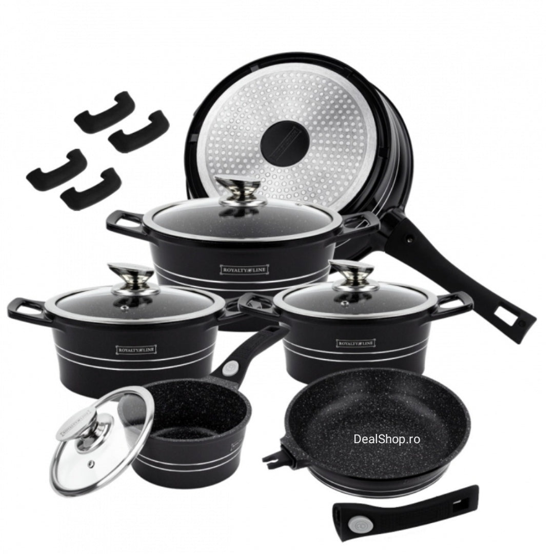 Set cratite 14 piese Royalty Line ES2014 de lux cu mânere detașabile Negru Potrivit cuptor Acoperire antiaderentă