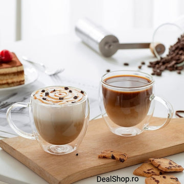 Set 6 cesti cafea cu pereti dubli din sticla termorezistenta 250 ml