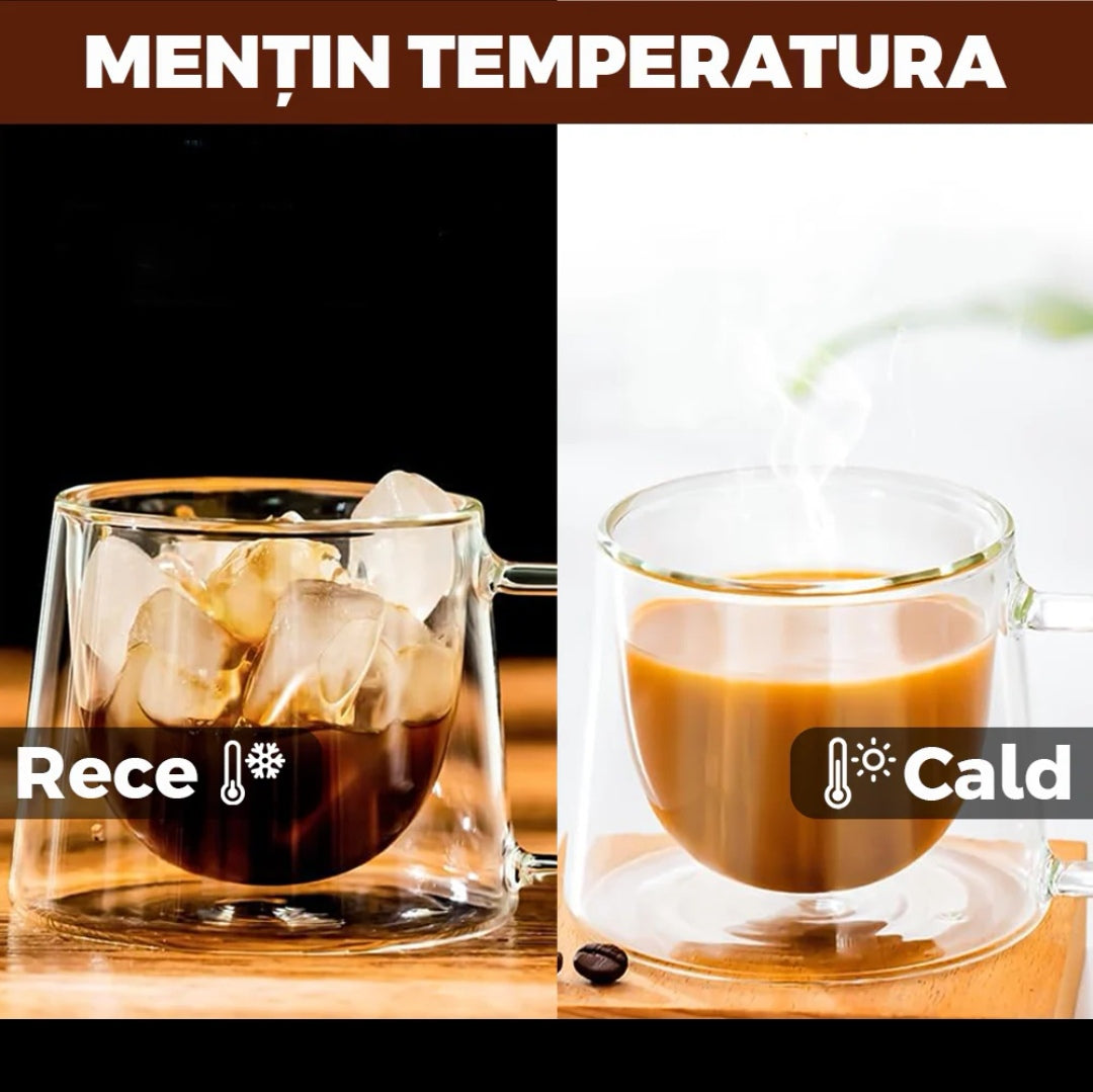 Set 4 cesti cafea 200 ml din sticla termorezistenta cu pereti dubli mesaj COFFEE Malooki