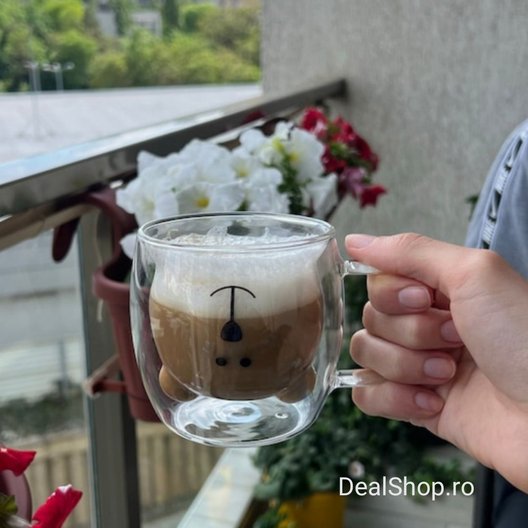 Set 12 Cesti de Cafea Pereti Dubli Sticla Termorezistenta,Model Ursulet 260 ml Coffe