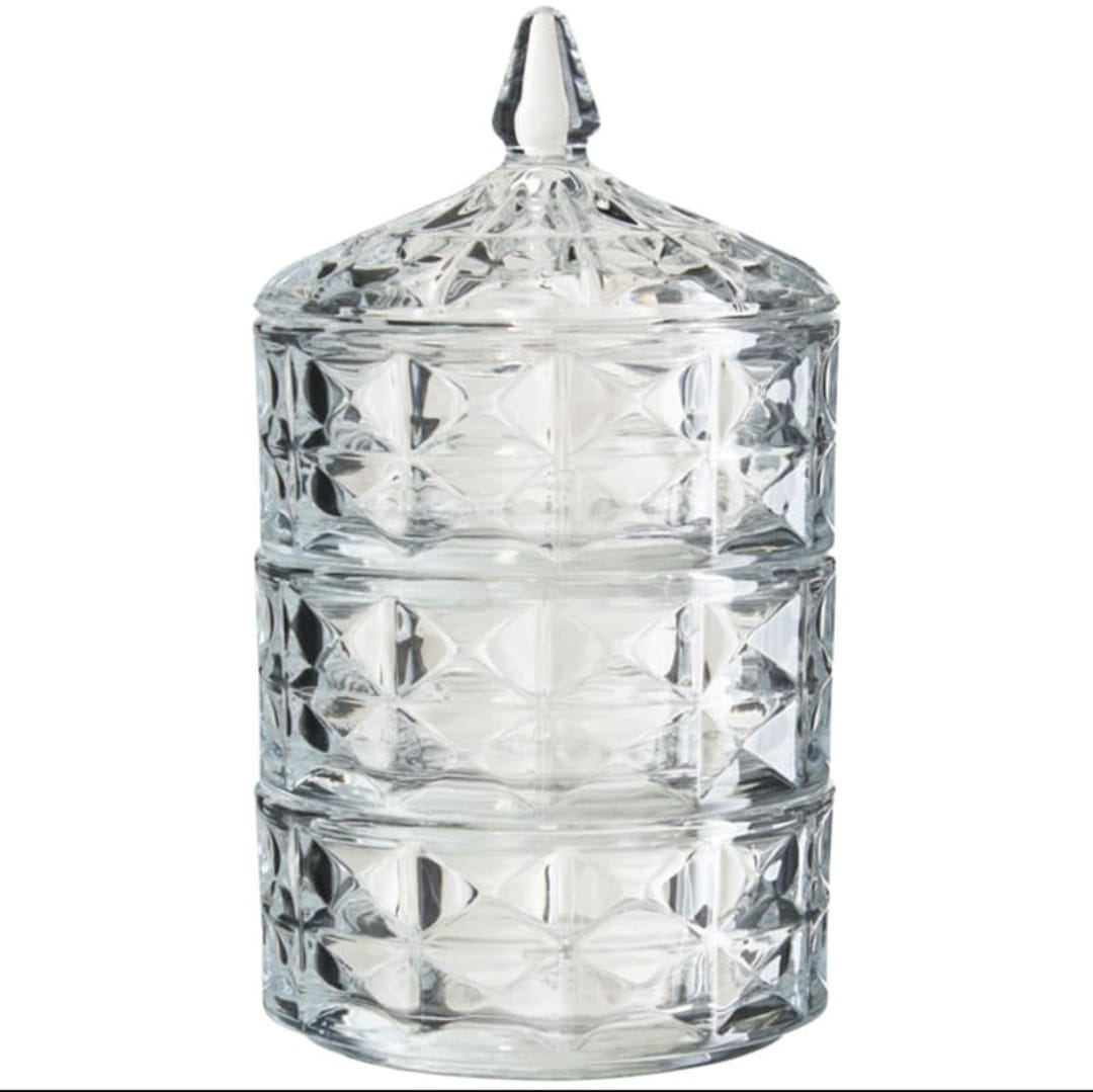 Bomboniera cu 3 nivele din sticla rezistenta cu model si capac, 23 cm