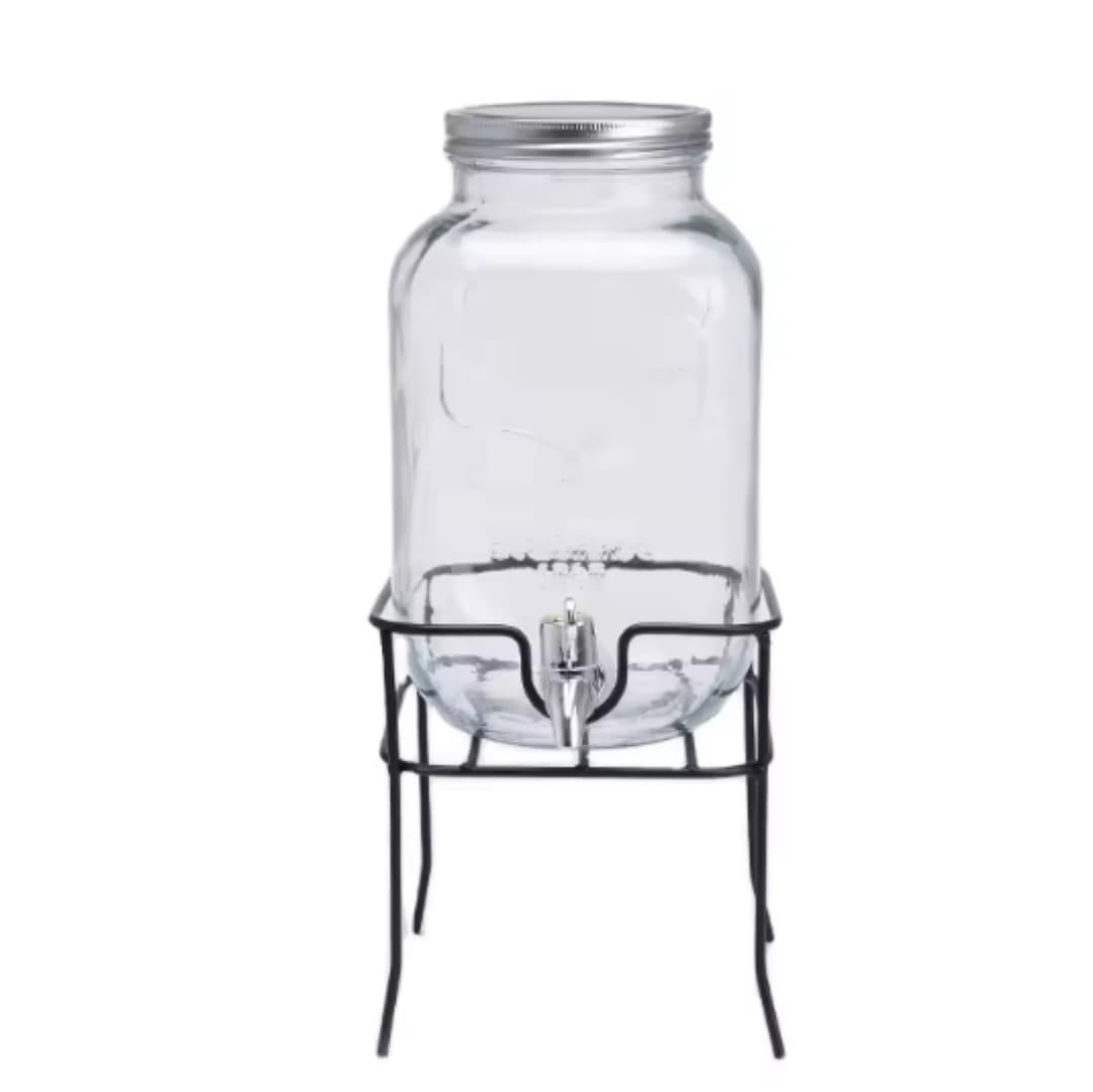 Borcan dozator bauturi cu robinet, capac si suport metalic, Yorkshire Glassware, dispenser limonada si sucuri, sticla transparenta, 4L