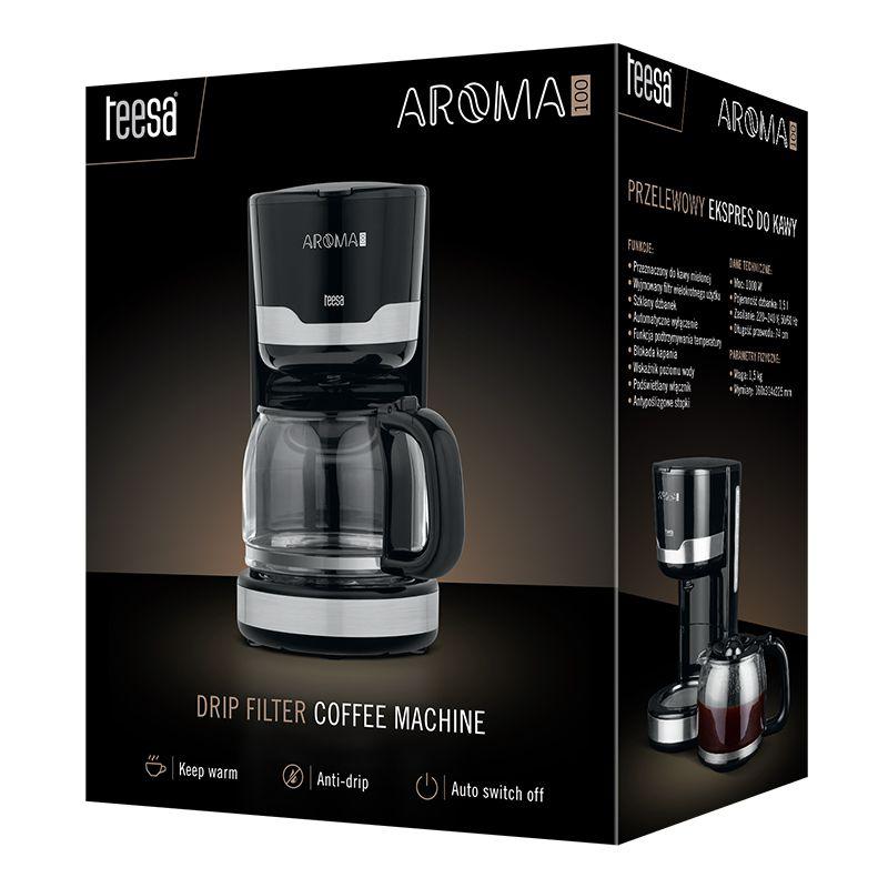 Cafetiera filtru cafea Aroma Teesa, 1.5 l, 1000 W, Negru/Argintiu