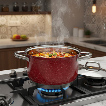 Cratita premium Royalty Line Red 2.9 litri Inox cu fund multistrat și capac din sticla gătit rapid elegant și sănătos