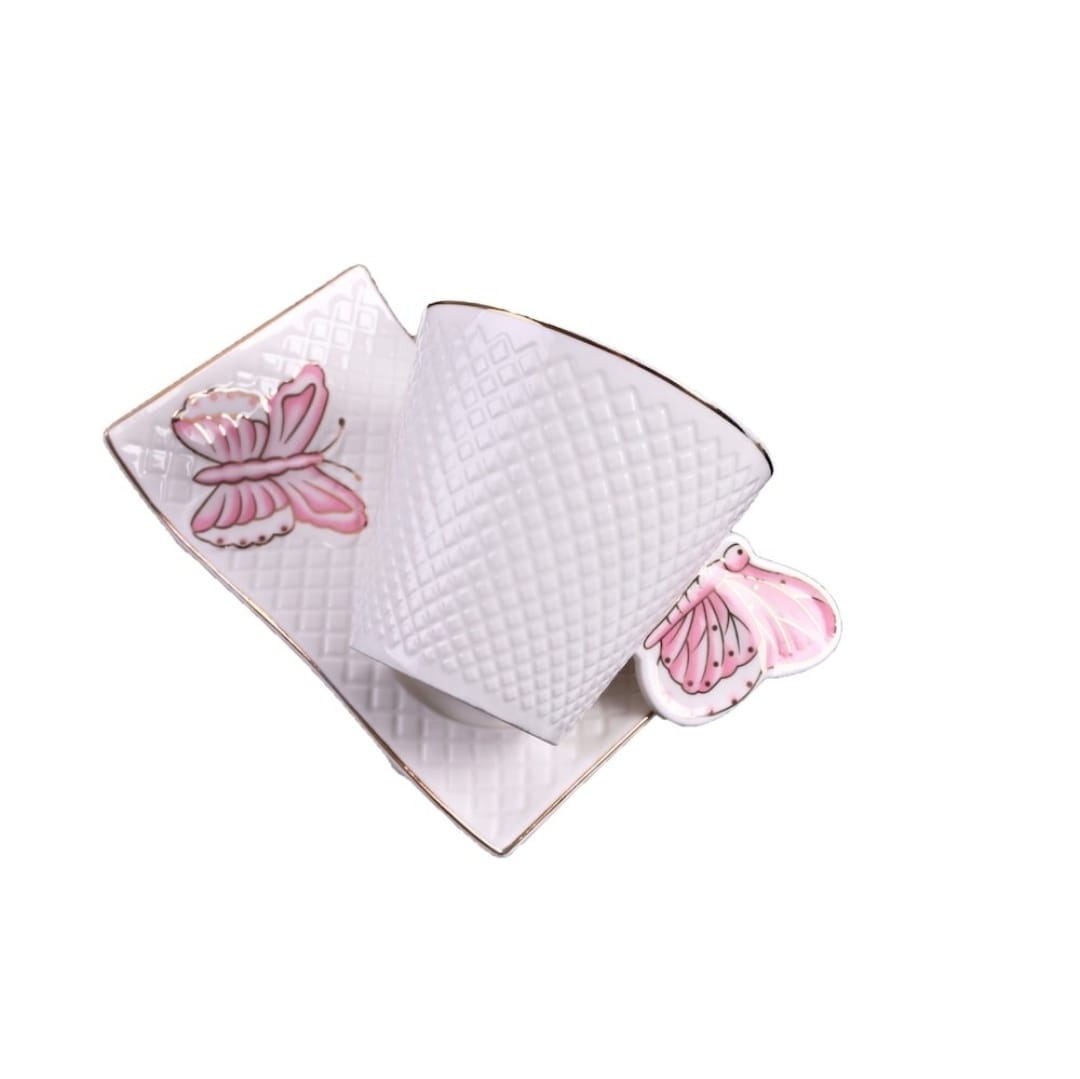 Set 6 cesti Cafea sau Ceai cu farfurioare, fluture roz