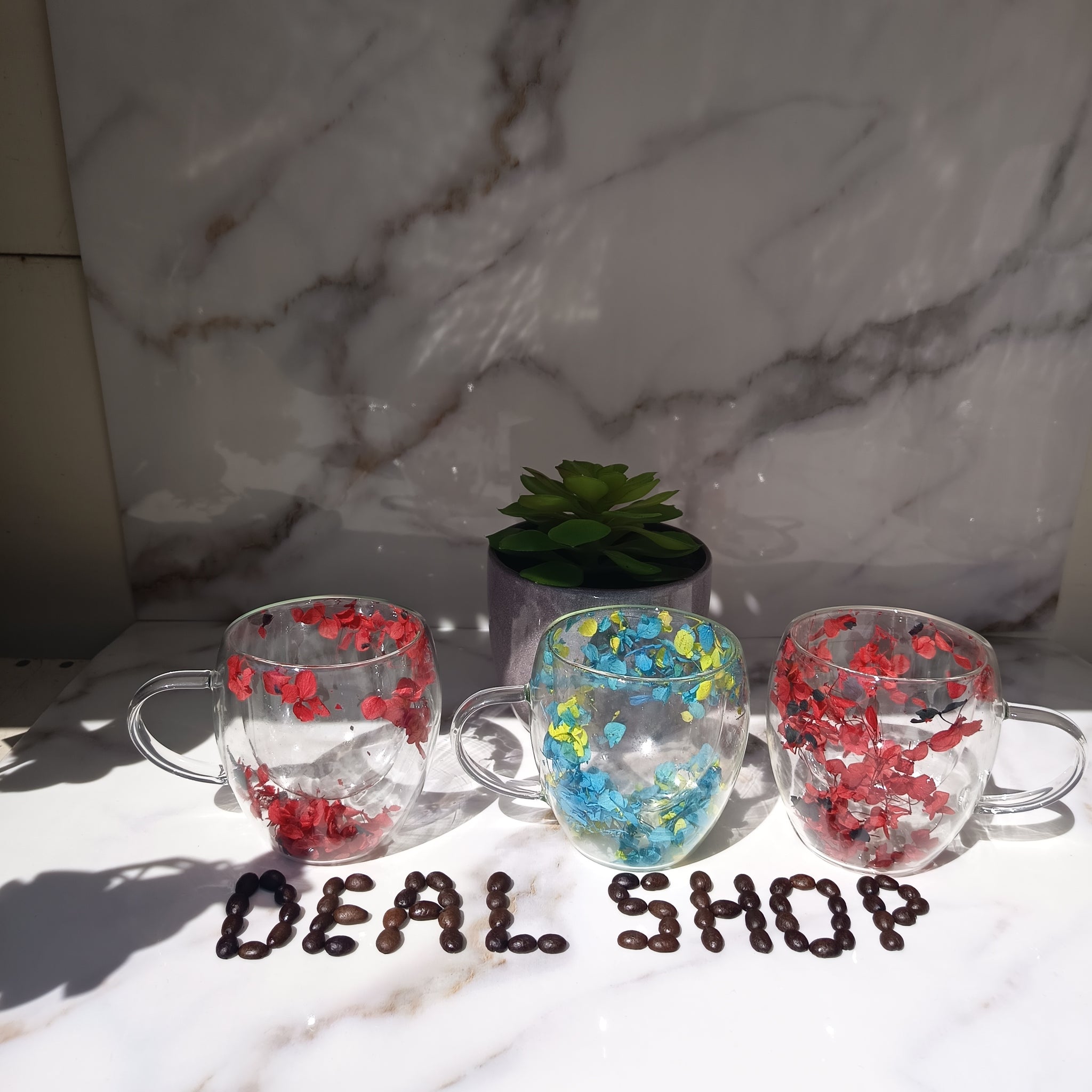 Set 4 cesti cafea din sticla termorezistenta cu pereti dubli model flori uscate 250 ml