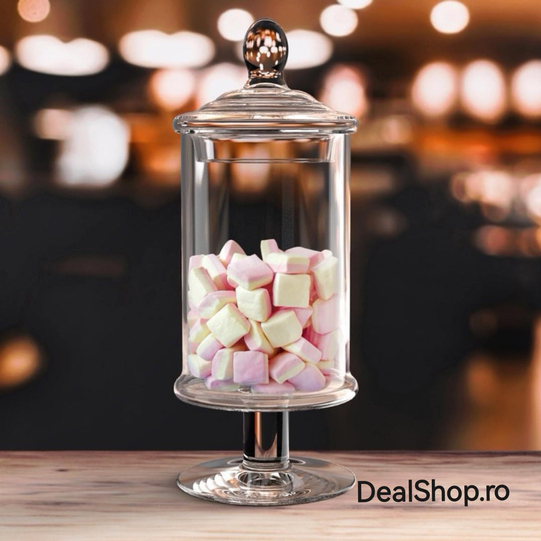 Bomboniera cu picior din sticla cu capac transparenta 33 cm IDEALA PT TIPS