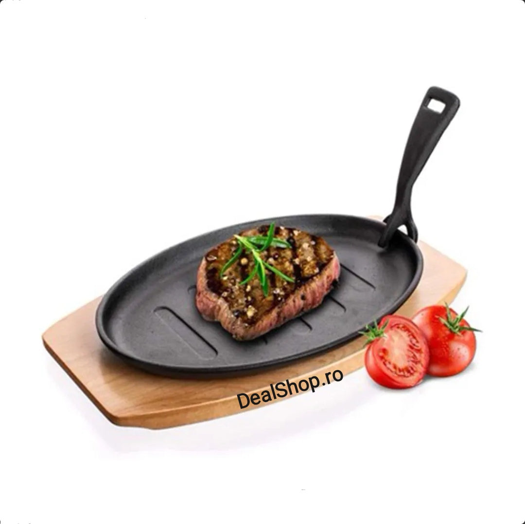Tigaie grill fonta pura ovala cu suport din lemn grătar fonta suport lemn 27 x 17,5 cm gatit sanatos
