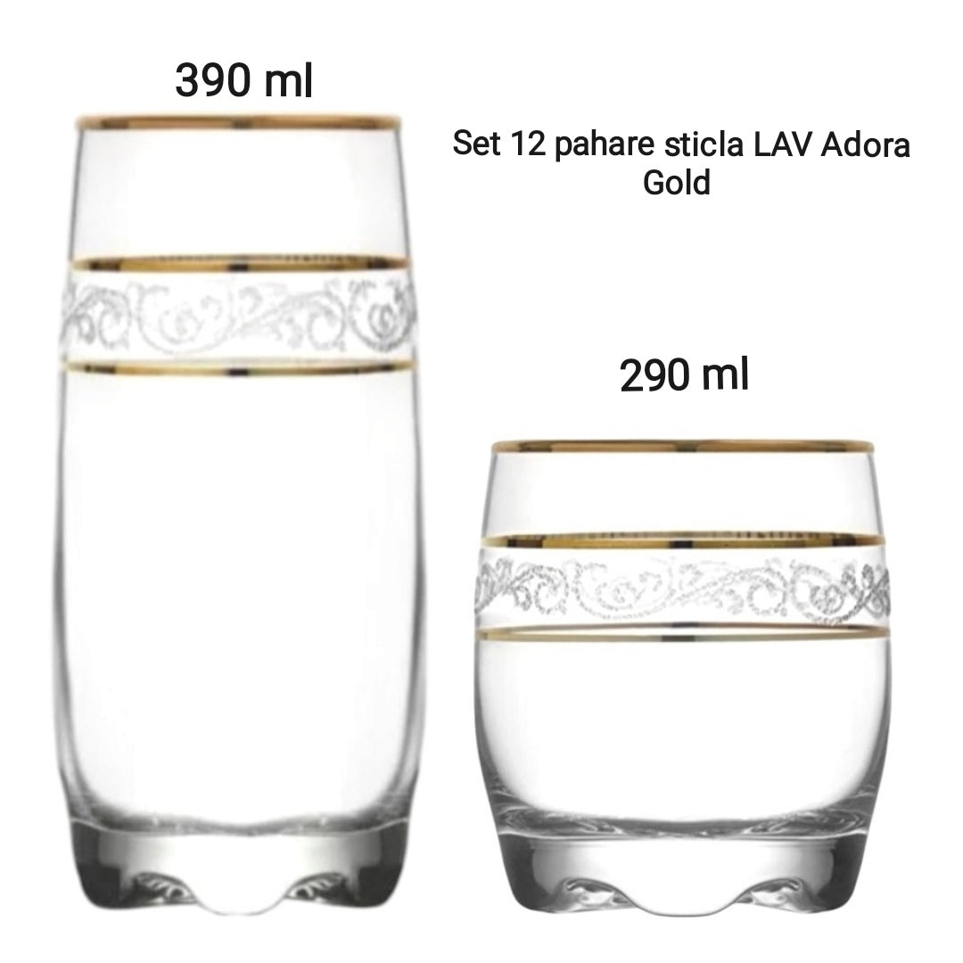 Set 12 Pahare din Sticlă LAV Adora Gold Eleganță cu Detalii Aurii 6x390 ml + 6x290 ml Cadoul Perfect pentru Evenimente Terasă sau Piscină